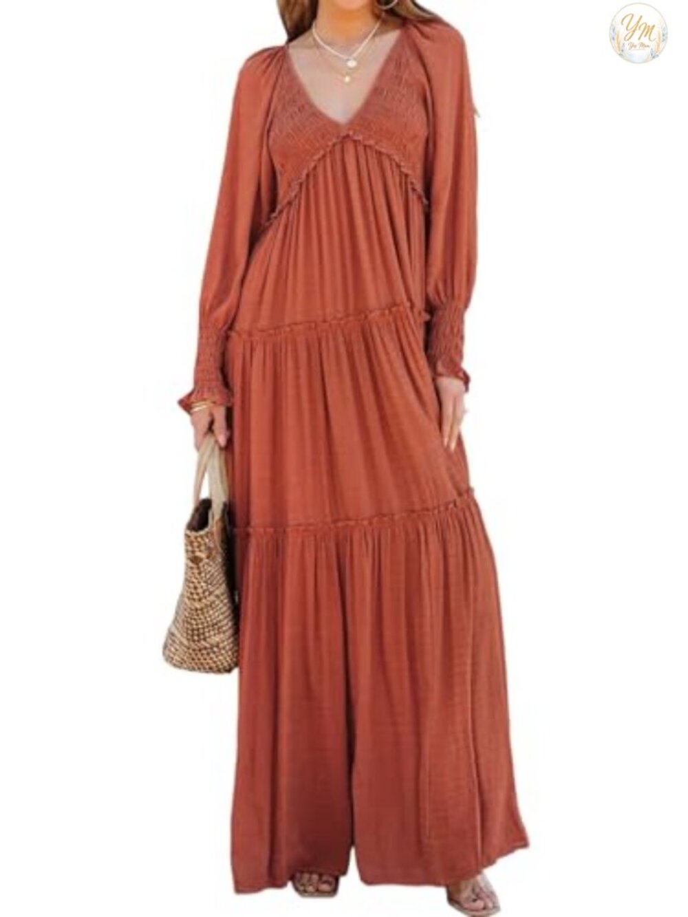 Long Sleeve V Neck Flowy Maxi Dress Boho Casual Layered Ruffle Hem